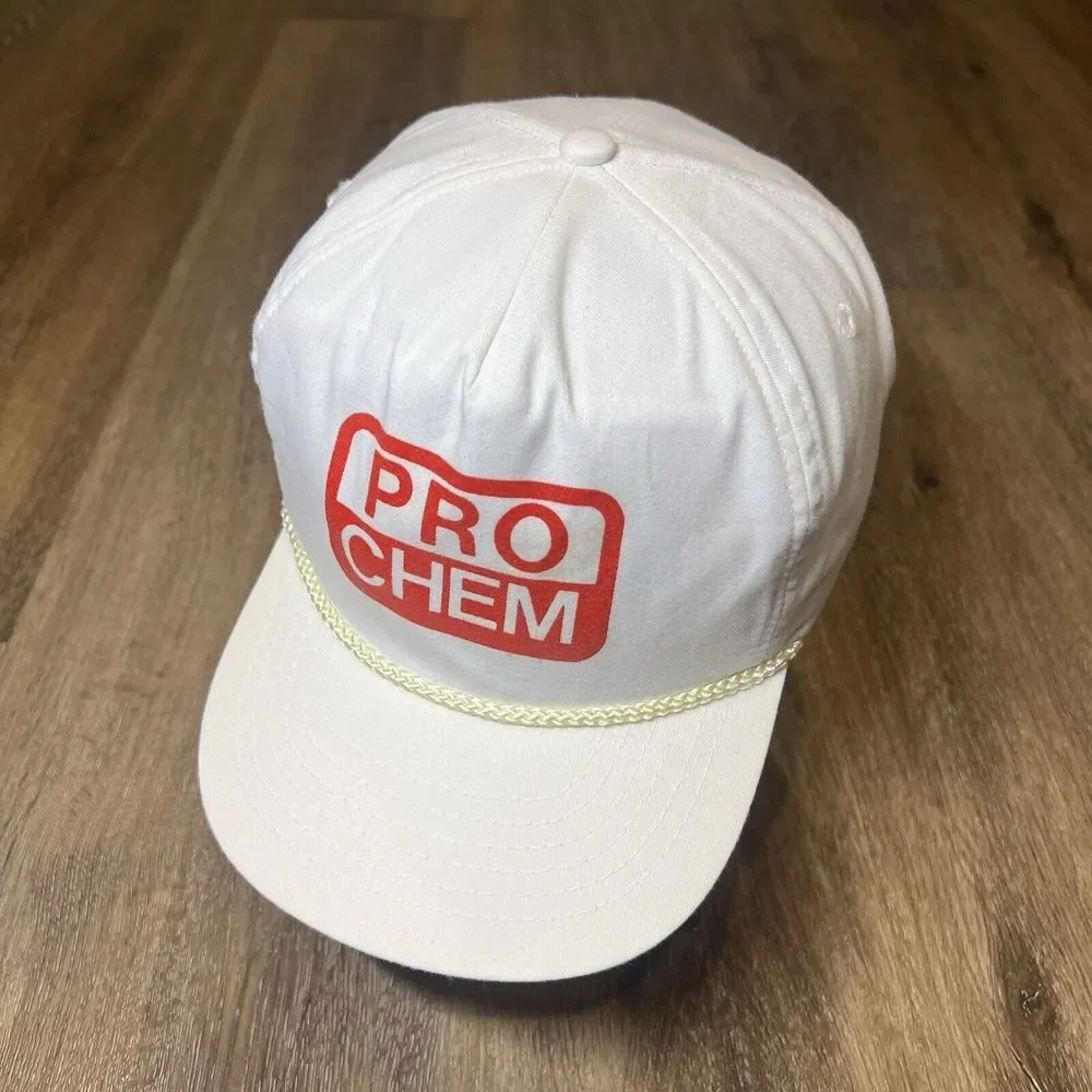 Vintage 80s Chemistry Zipper Snapback White Ad Promo Logo Rope Trucker Chore Cap